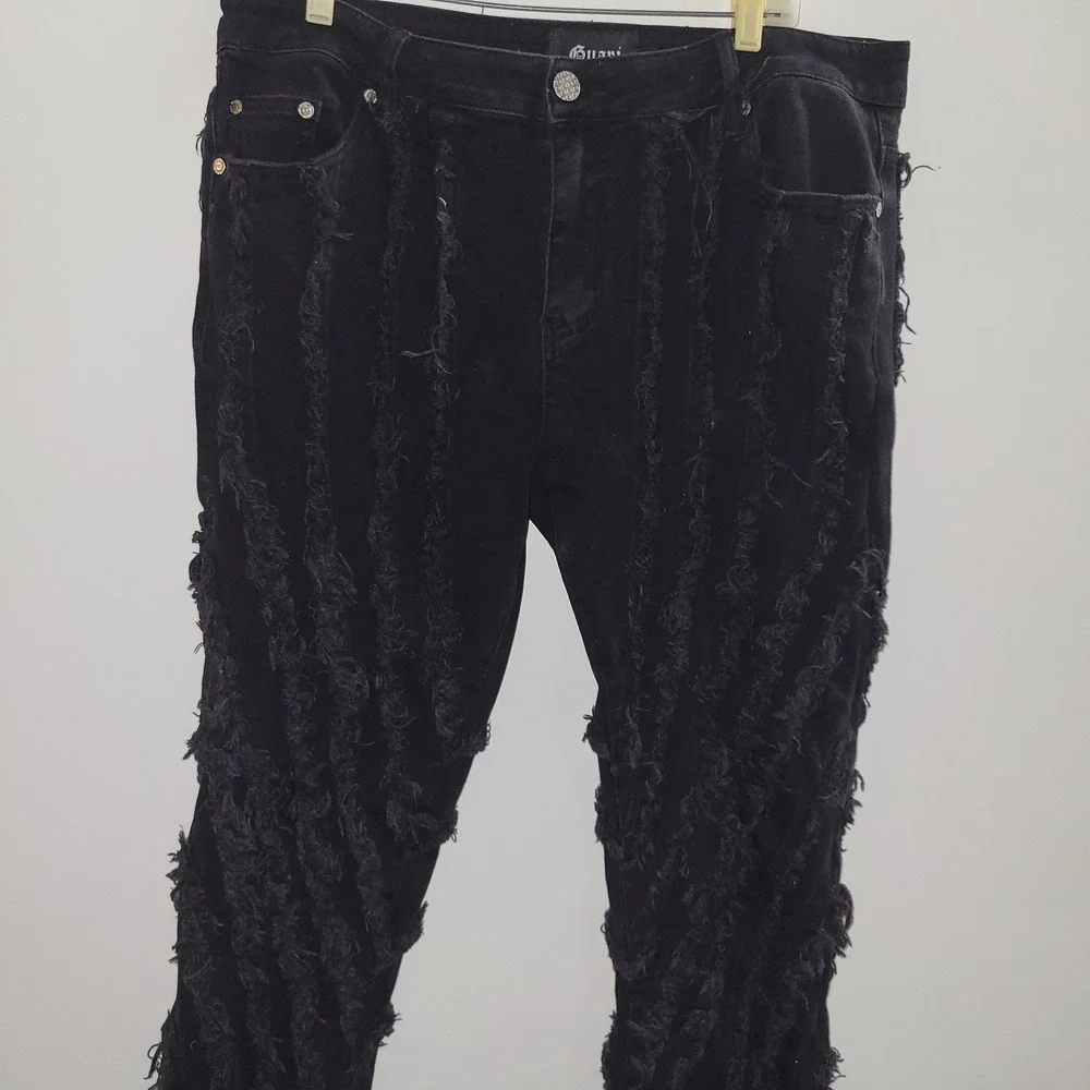Guapi Jeans Men Size 36x36 Stacked Denim Fringe Distressed Flare Black